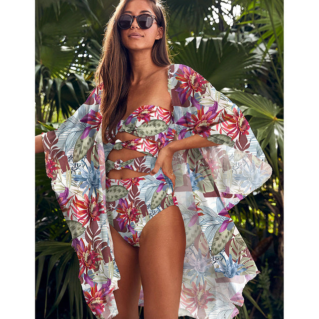 Leaves Print Swimsuit Beach Cover Up Tunics - Cover Peace