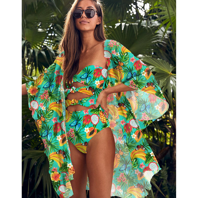 Leaves Print Swimsuit Beach Cover Up Tunics - Cover Peace