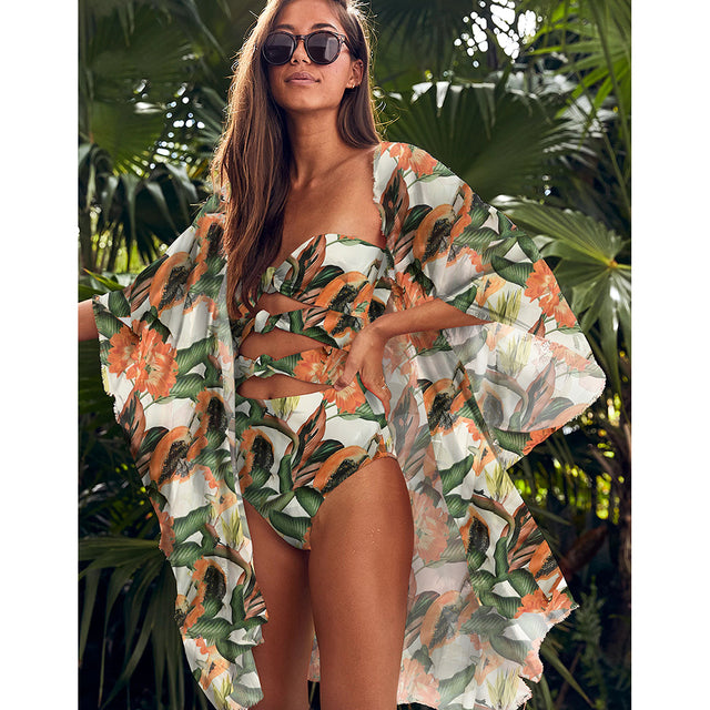 Leaves Print Swimsuit Beach Cover Up Tunics - Cover Peace