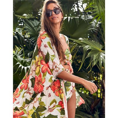 Leaves Print Swimsuit Beach Cover Up Tunics - Cover Peace