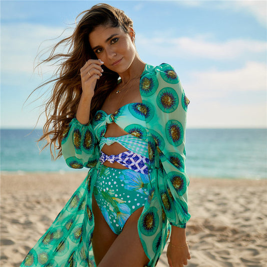 Leaves Print Swimsuit Beach Cover Up Tunics - Cover Peace