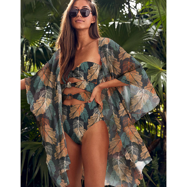 Leaves Print Swimsuit Beach Cover Up Tunics - Cover Peace